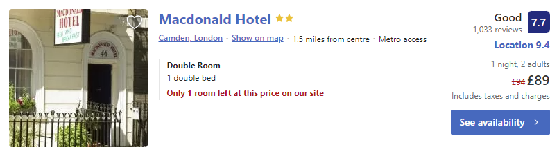 A screenshot of the search results for "London Hotel" on Booking.com. Many of the results include a call to action that reads "Only one room left on our site at this price"