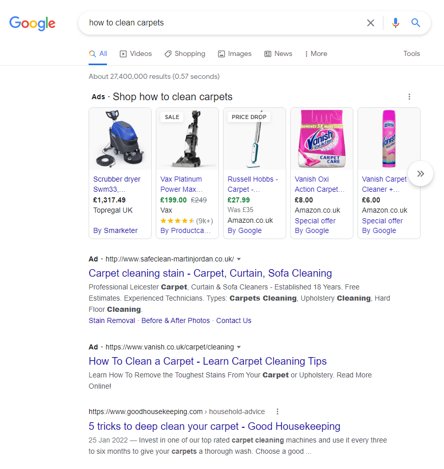 Example of the Google search results, or SERPs, for the search term "how to clean a carpet"