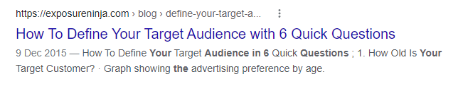 Screenshot of our Target Audience meta data in the SERPs