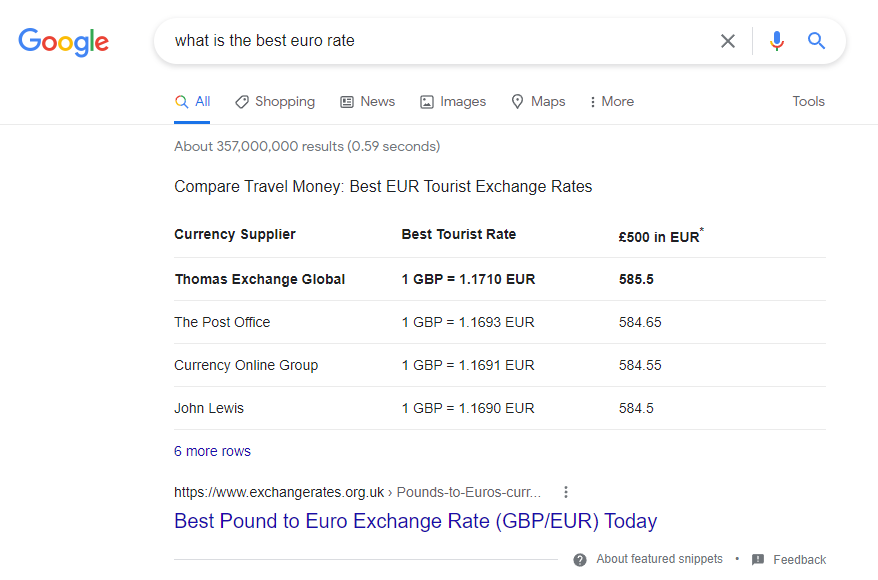 Screenshot of a featured snippet