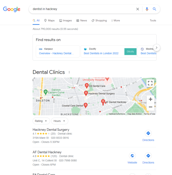 Screenshot of Google search results for "dentist in Hackney"