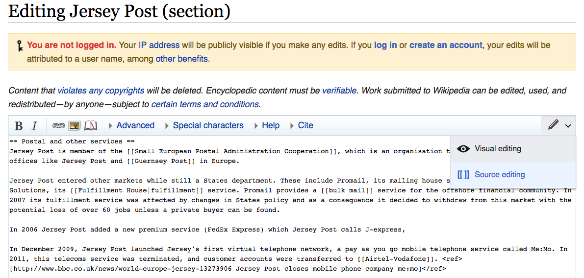 snippet of Editing Jersey post section to gain Wikipedia backlinks