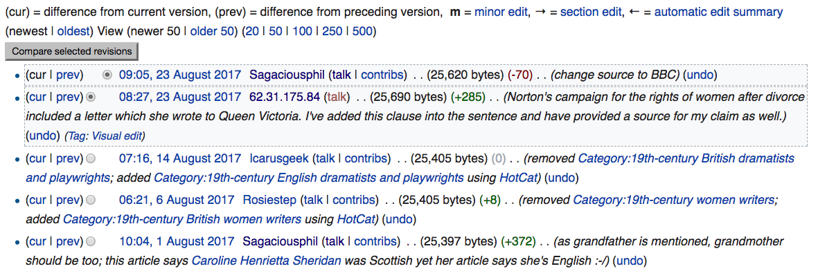 snippet of comparing revisions in Wikipedia