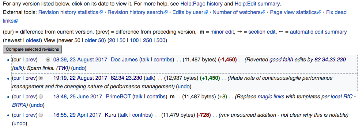 snippet of wikipedia revisions