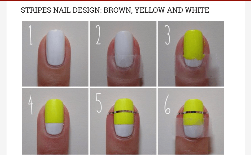 Close up pictures of 6 fingernails seperated into 6 boxes with different types of nail varnish on