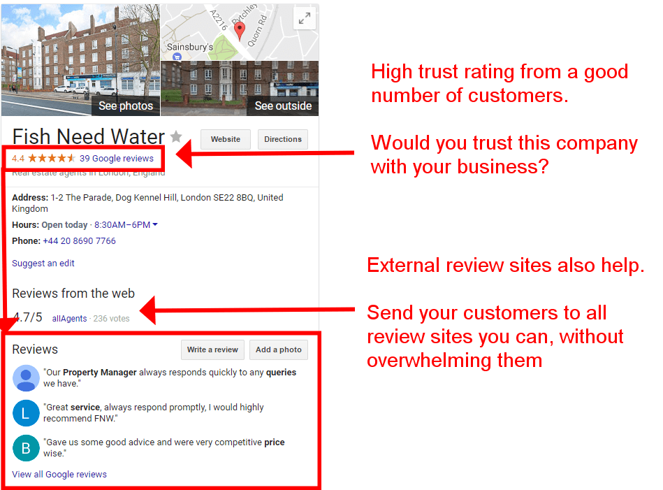 Screenshot explaining why an estate agent has visibility on Google