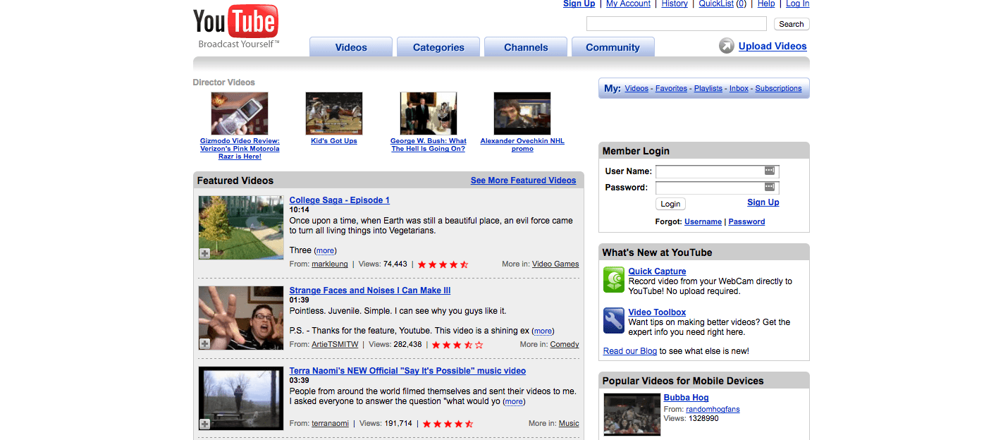 The old YouTue site before live streaming was a part of social media and marketing