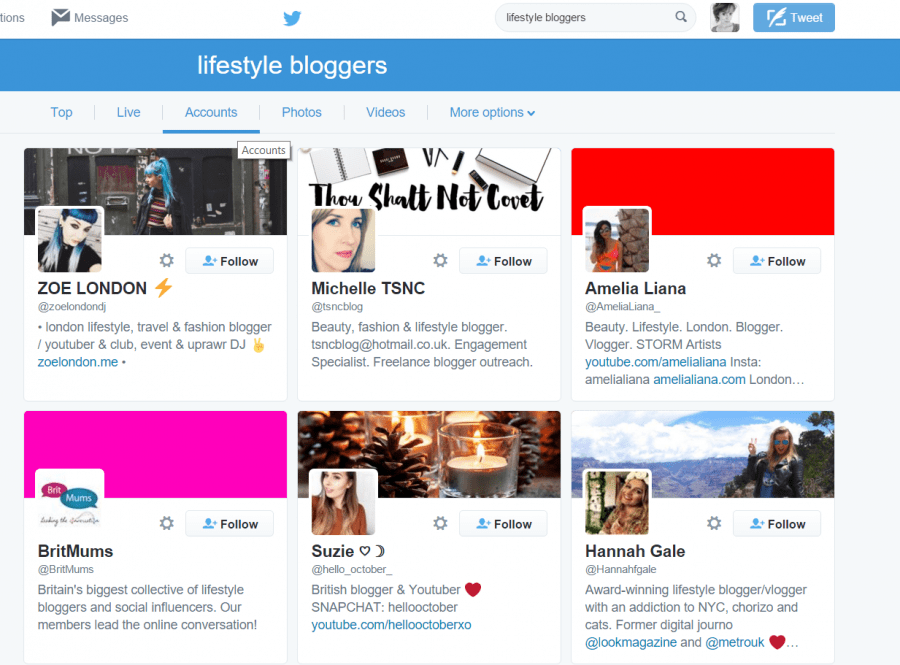 Screenshot of lifesytle blogger list when the term lifestyle bloggers is used in twitter