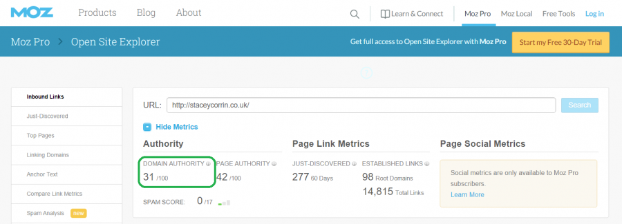 Screenshot of Moz domain authoruty for staceycorrin.co.uk