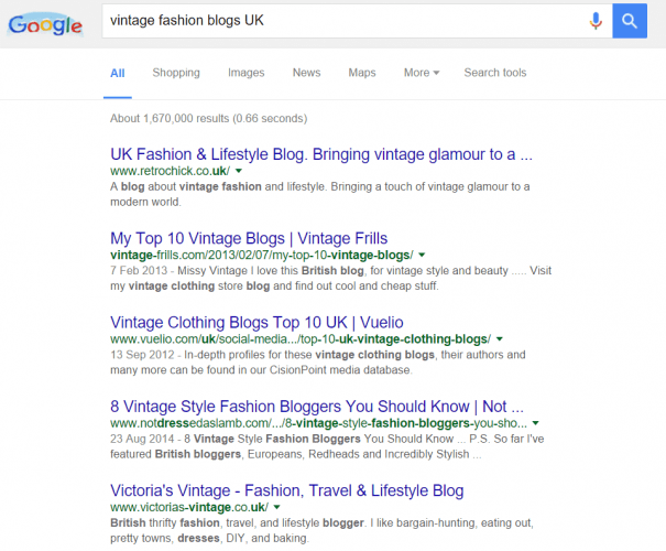 Screenshot of SERP for a retro clothing shop as an example of influencer outreach