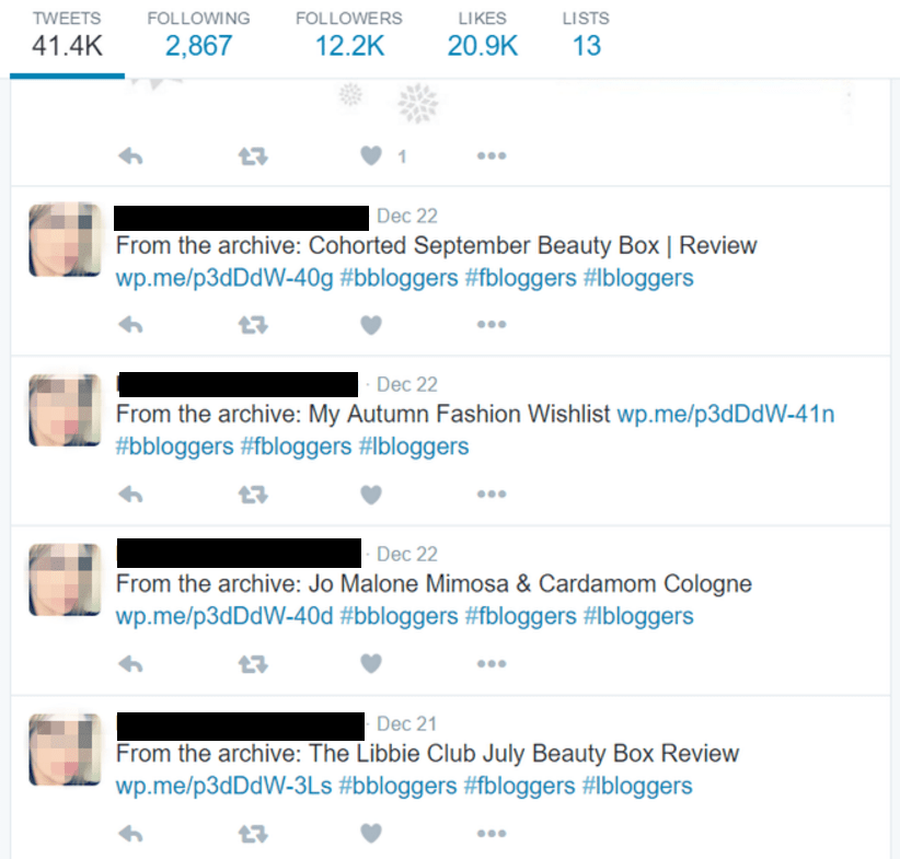 Screenshot of an unnamed bloggers twitter page