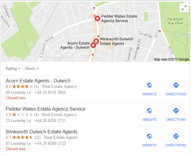 screenshot of local estate agents in Google