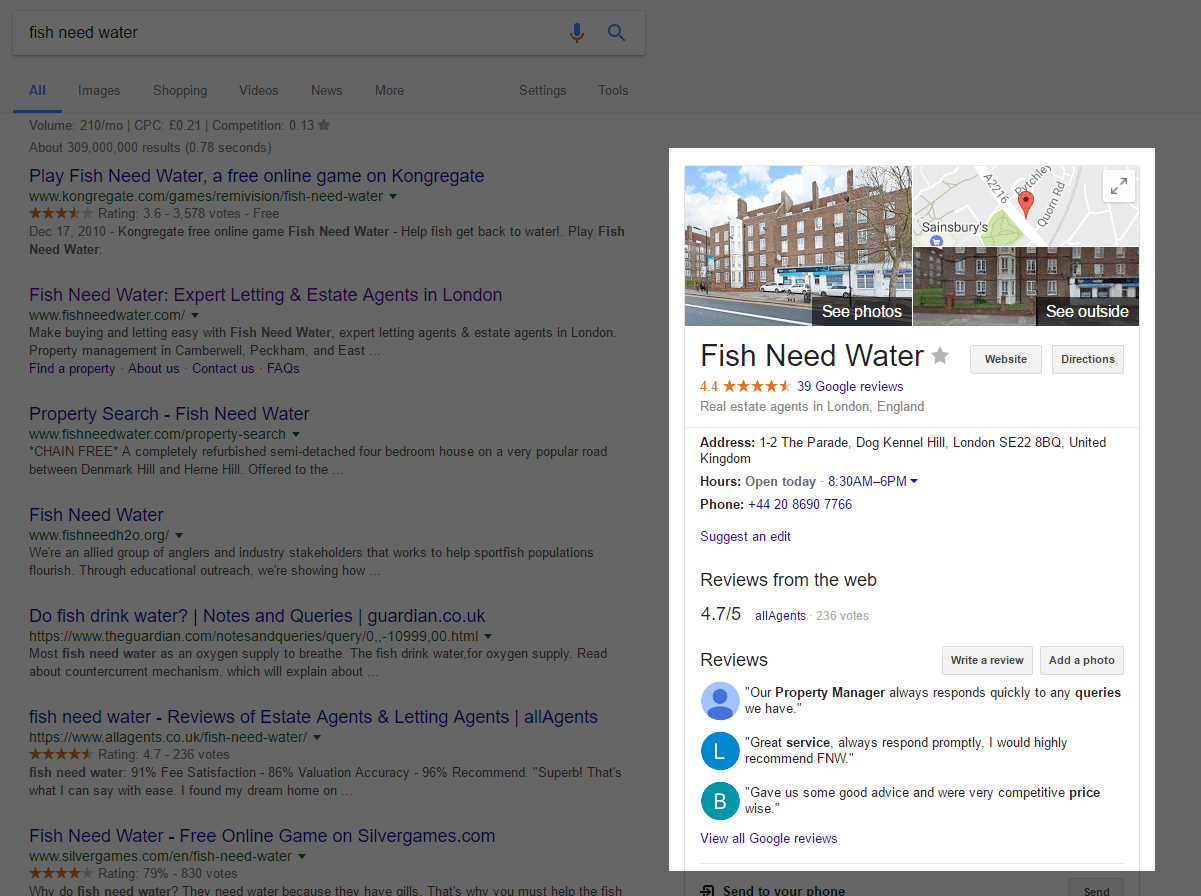 screenshot of an estate agent with good Google reviews