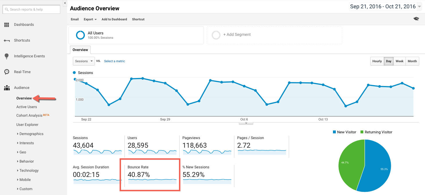 screenshot of bounce rate in google analytics