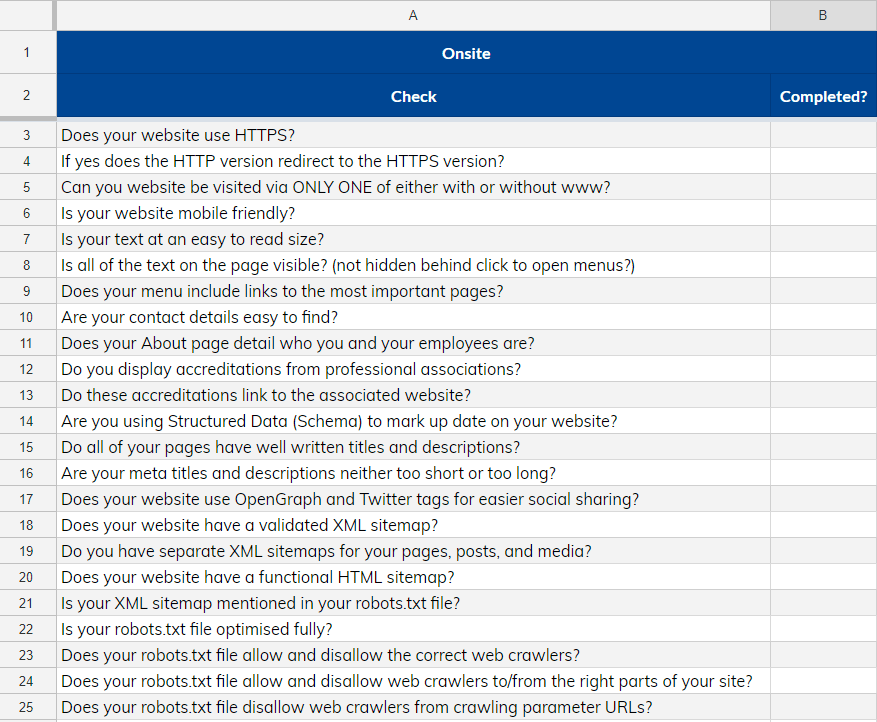 Screenshot of our SEO Checklist