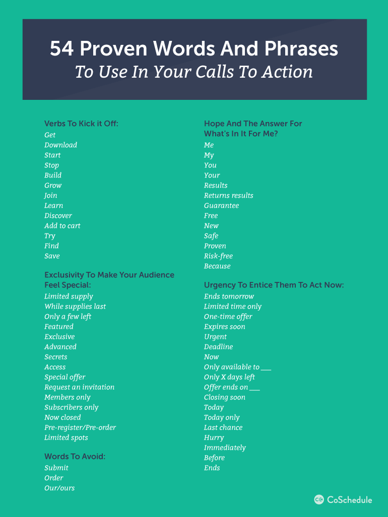 A graphic showing CoSchedule's suggestions for words to use in CTAs
