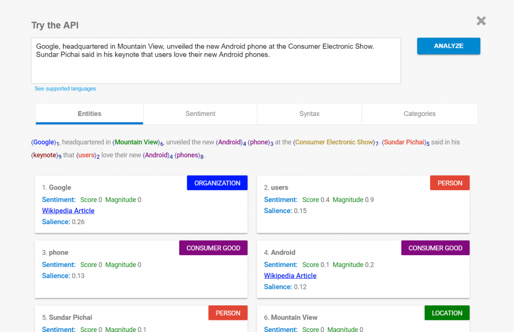 Example of Google's Natural Language API