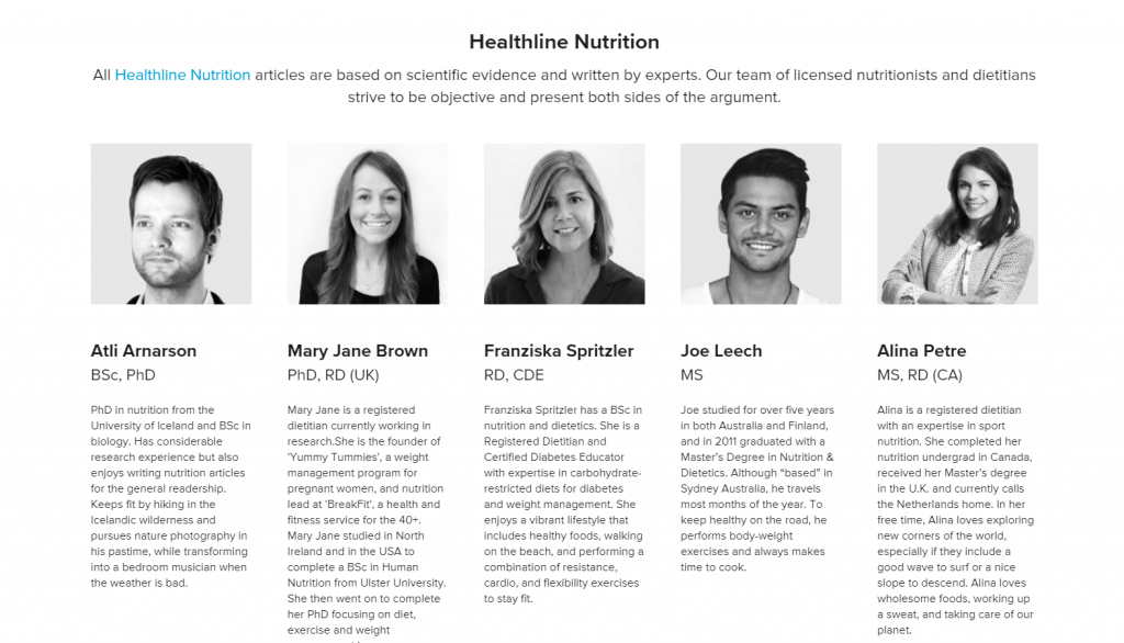 Screenshot of the Healthline nutritional authors page