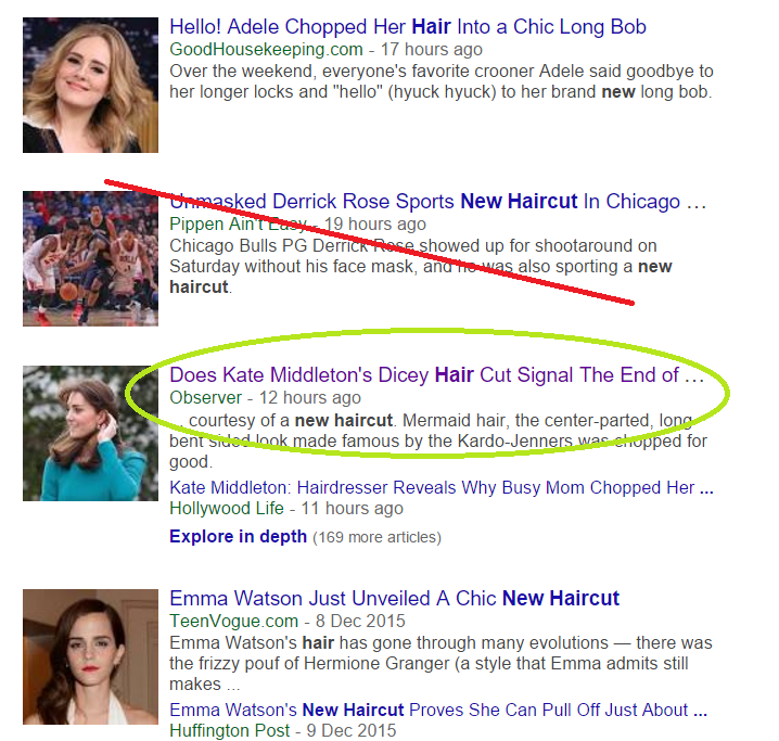 screenshot of Kate Middlelton hair in Google news