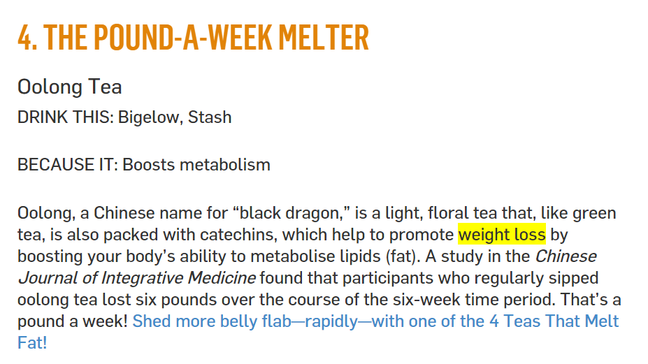 screenshot of blog post on weight loss tea