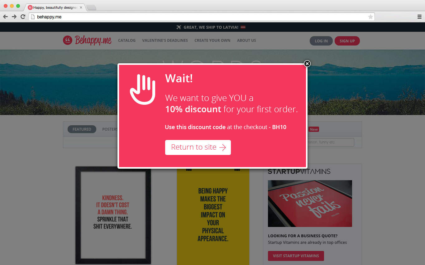 An exit popup that offers a discount incentive to stay on the site