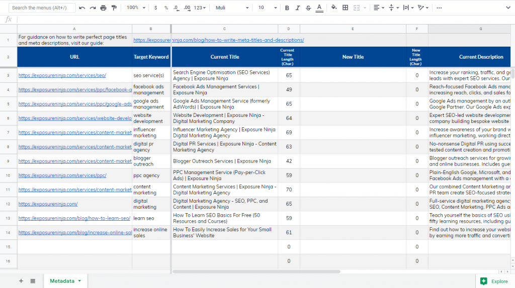 Screenshot of our page title and meta description spreadsheet