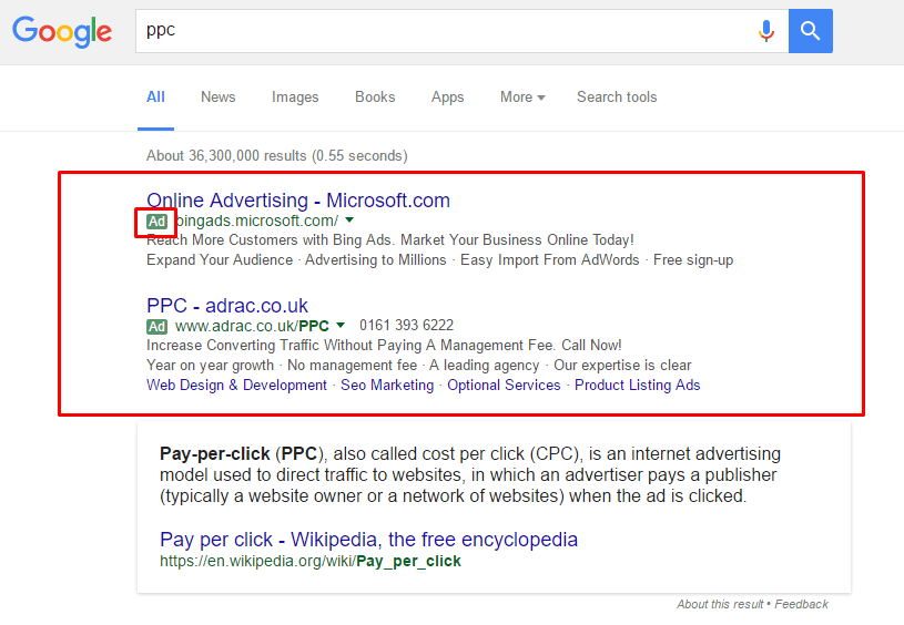 Screenshot of what PPC looks like in Google Search Results