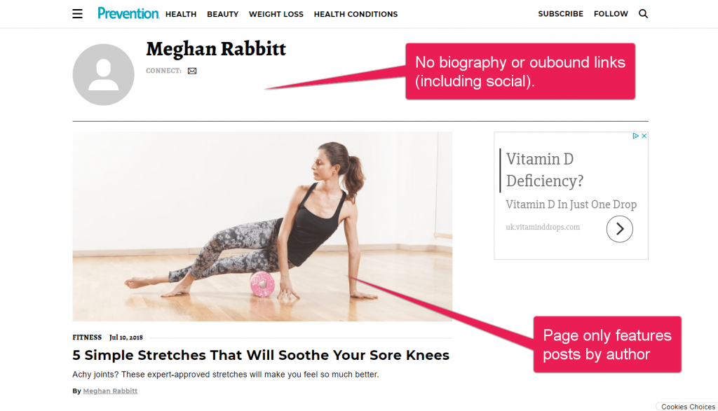 Example of an author profile page on Prevention