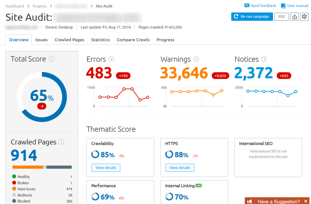 Example of SEMrush's Site Audit tool