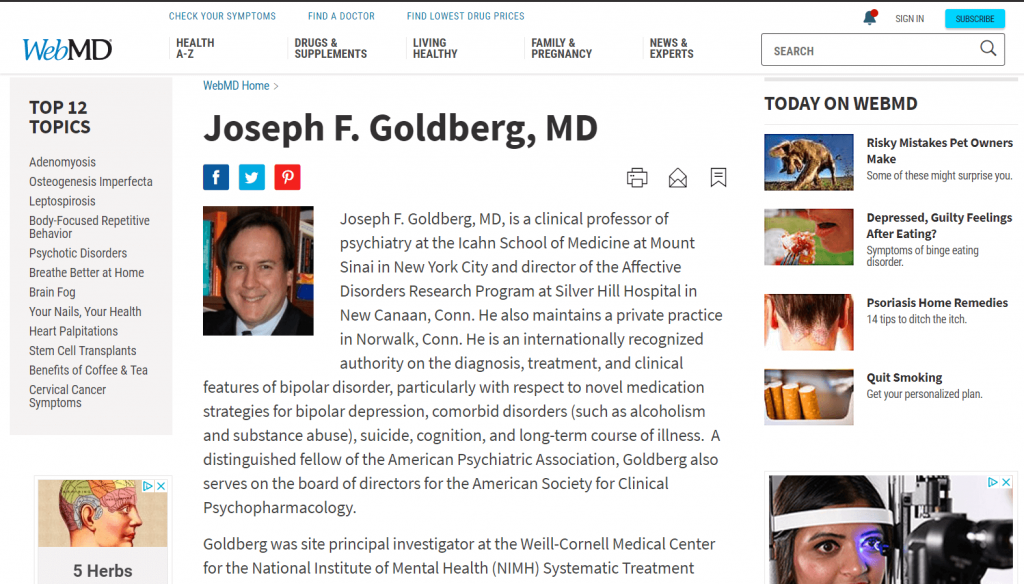 Screenshot of an author page on WebMD
