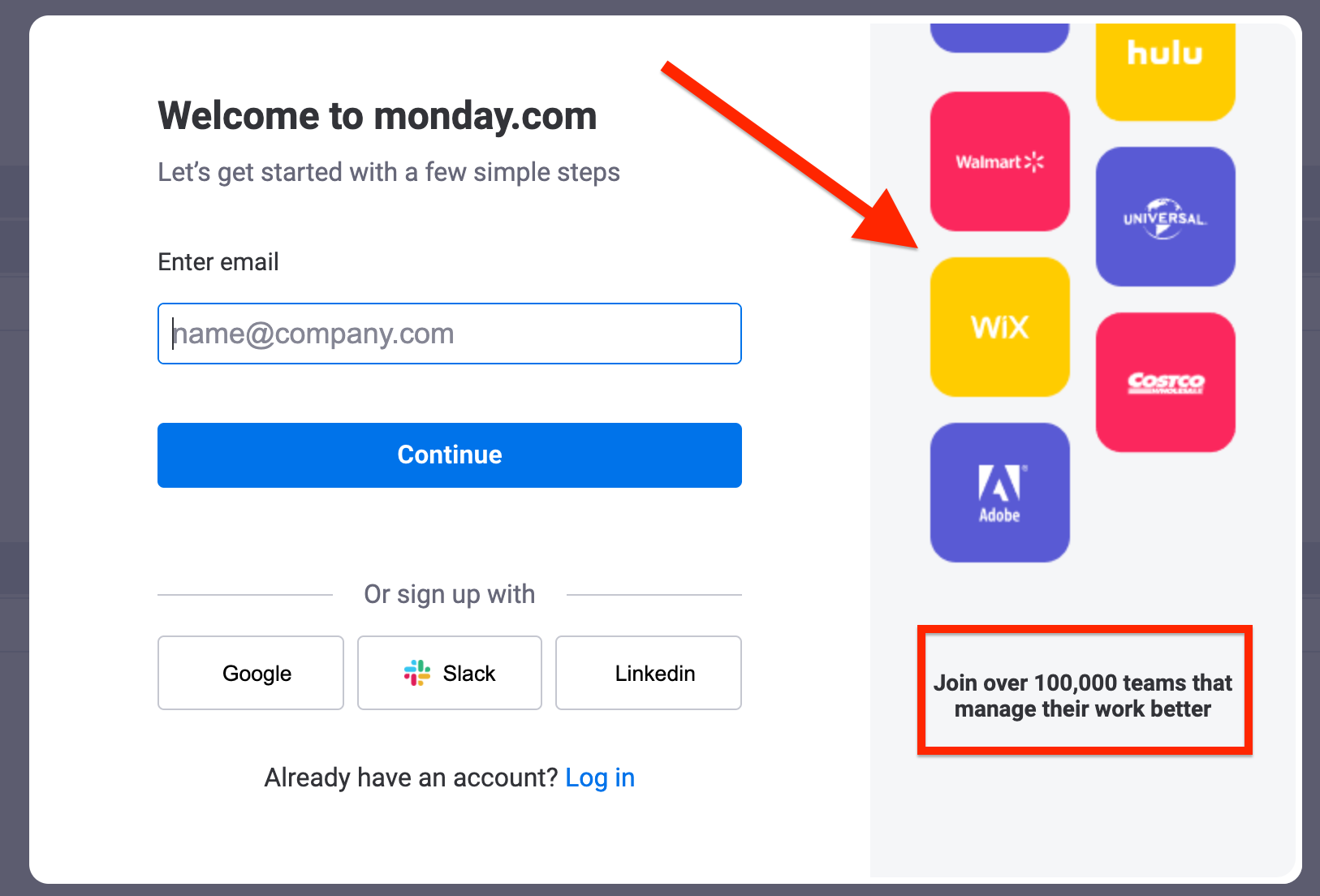 Screenshot of Monday.com sign-up form.