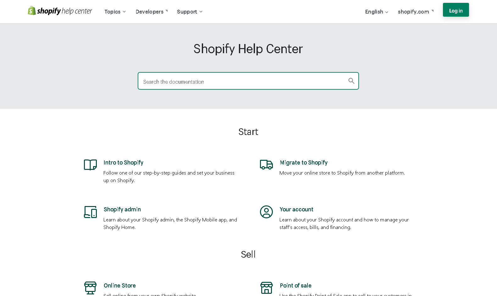 Screenshot of the Shopify Help Centre