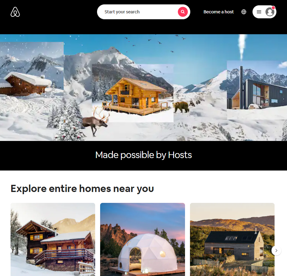 Screenshot of the Airbnb winter stays screenshot