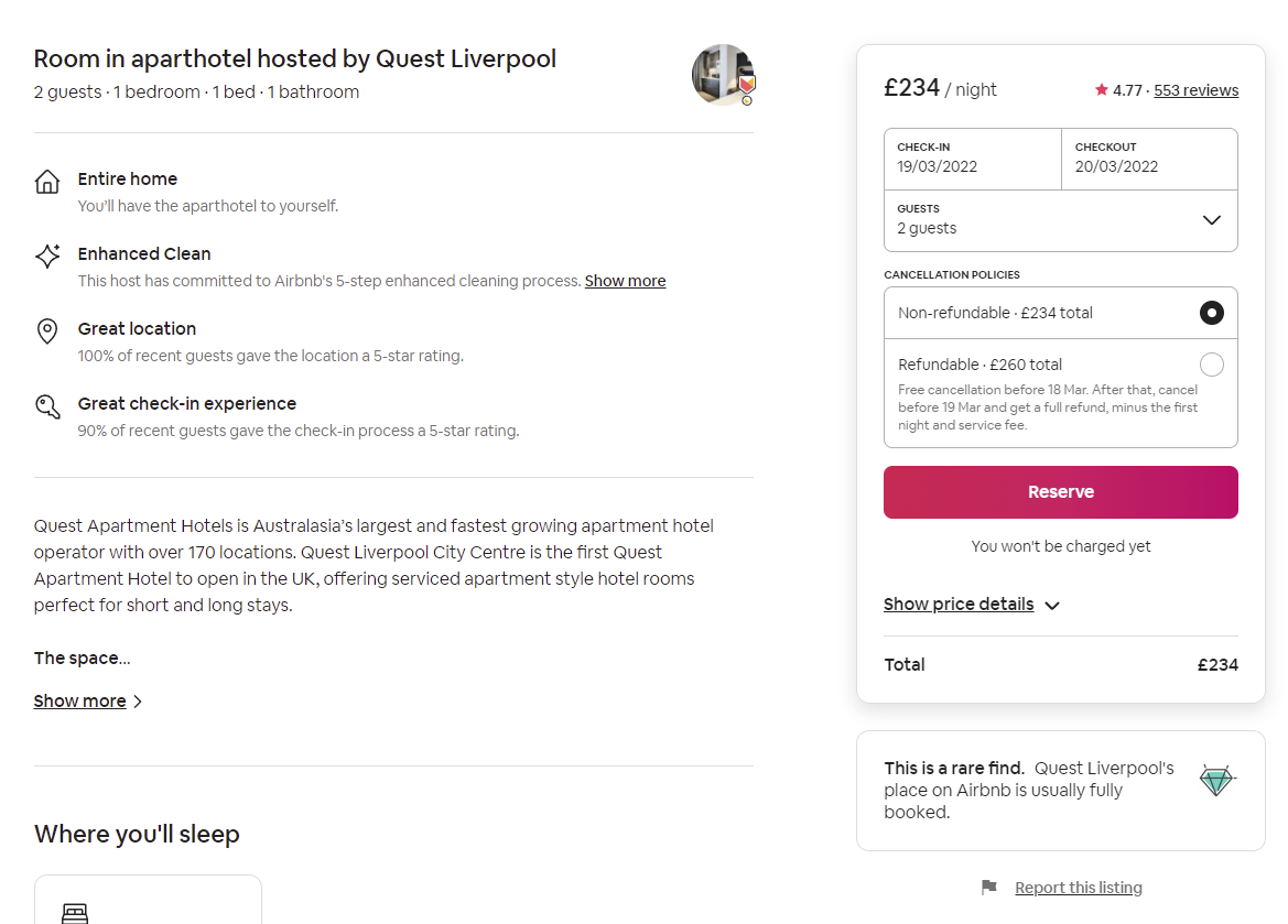 Screenshot of the listing description on the airbnb product pages