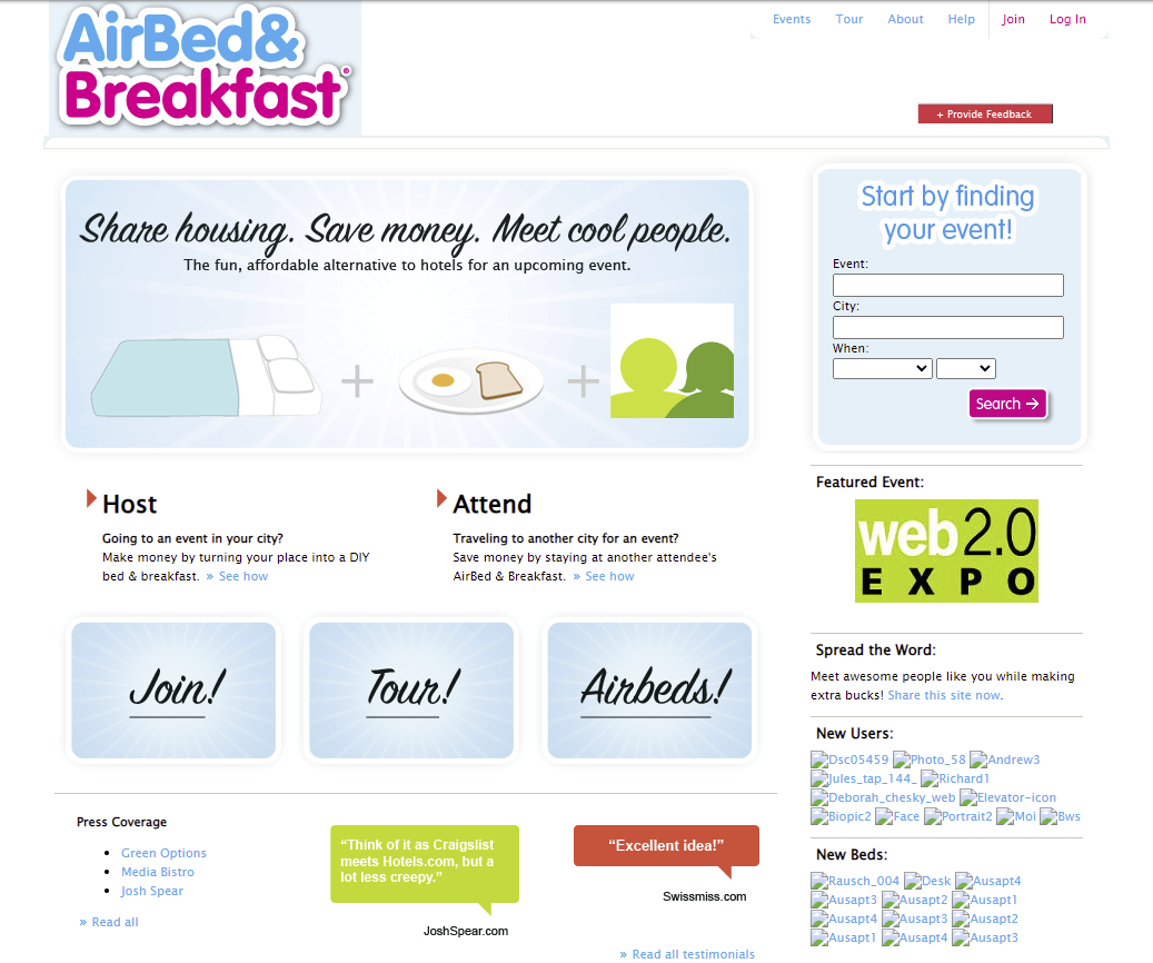 Screenshot of the Airbed and Breakfast website in 2008