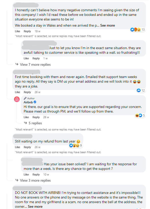 Screenshot of angry comments on Airbnb's Facebook page