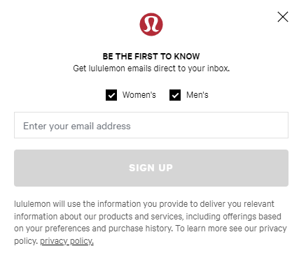 Screenshot of lululemon's lead gen form