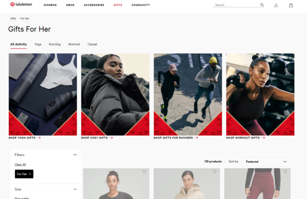 Screenshot of lululemon's gift for her page