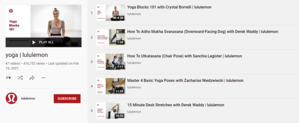 Screenshot of the lululemon yoga playlist on youtube