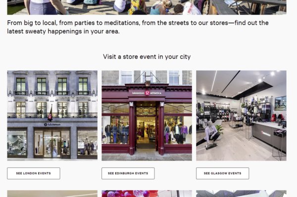 Screenshot of the lululemon events page