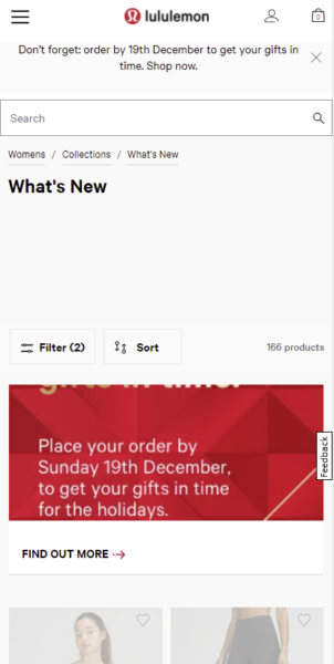 Screenshot of the lululemon mobile website