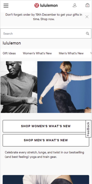 Screenshot of the lululemon mobile site