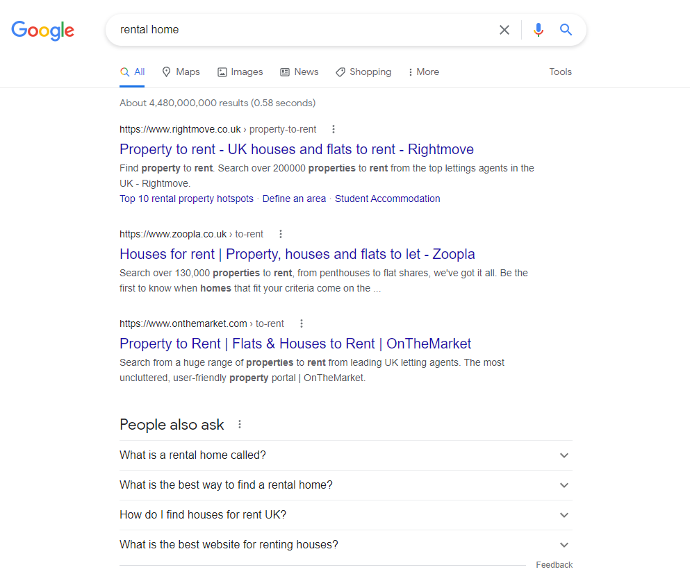Screenshot of a Google search for rental home