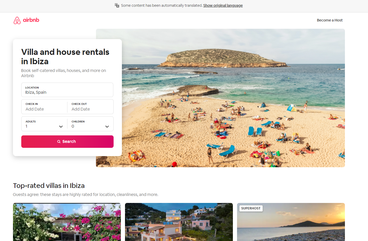 Screenshot of the Airbnb Ibiza villas landing page