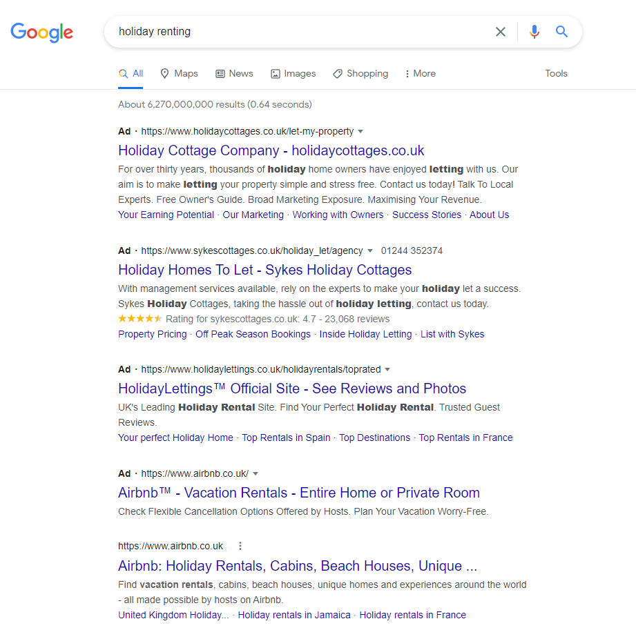 Screenshot of the ads that appear for the search "holiday renting"