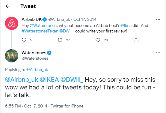 Screenshot of a Twitter excchange between Airbnb and Waterstones