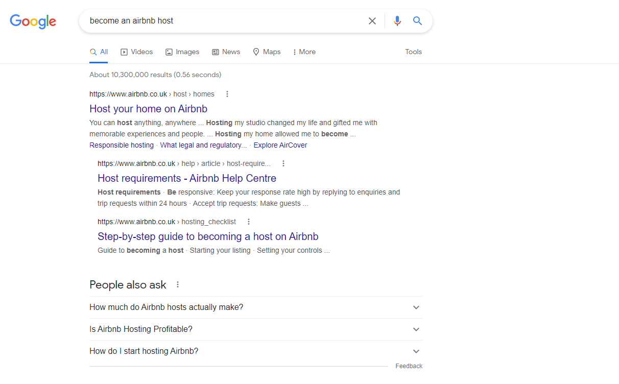 Screenshot of google search for become an airbnb host