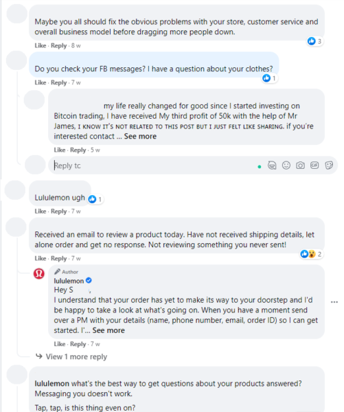 Screenshot of negative comments on lululemon's facebook page