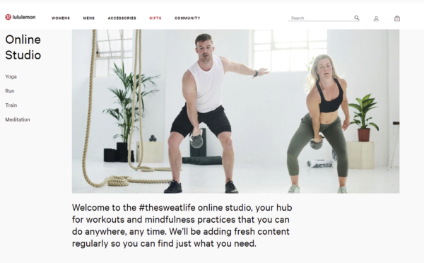 Screenshot of the online studio page on the lululemon website