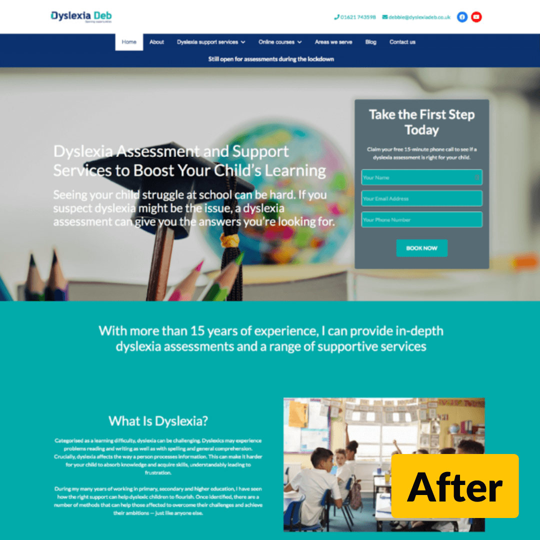 Screenshot of the Dyslexia Deb website after the redesign.